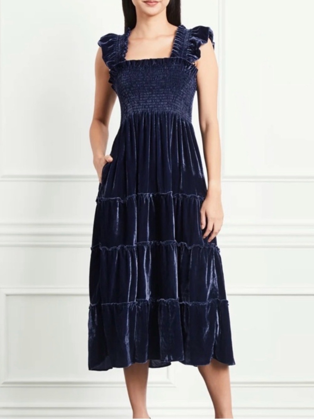 Hill House Ellie Nap Dress Navy Velvet Smocked Midi Dress with Ruffle Straps